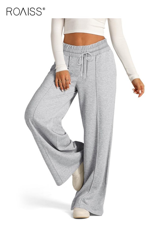 رويس بنطال رياضي نسائي جديد واسع الساقين، بنطال فضفاض مريح، بنطال رياضي برباط، مناسب للجري والتمارين الرياضية، لون رمادي - Image 4